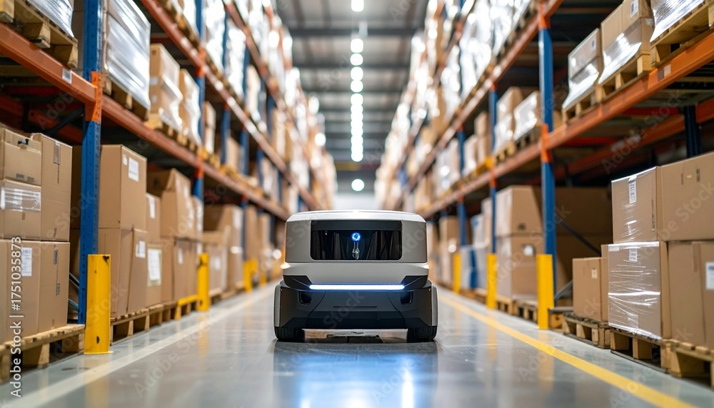 Warehouse robot navigating the aisles filled with packages and goods ...