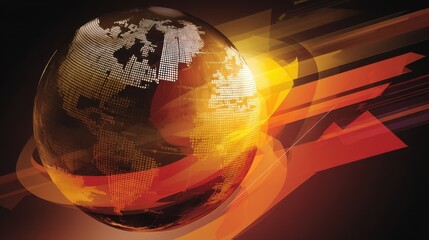 Wall Mural - Abstract World Map in Dynamic Motion with Glowing Orange and Yellow Accents on Dark Background for Technology and Innovation Themes