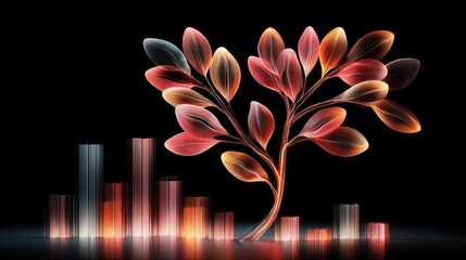 Wall Mural - Abstract representation of a vibrant tree with colorful leaves growing alongside glowing bars, symbolizing growth, development, and artistic expression in nature