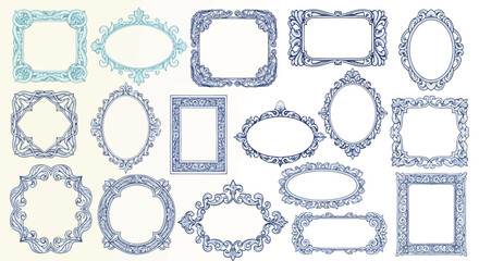 Wall Mural - A vector illustration of hand-drawn style decorative frames in blue on a cream background, white background