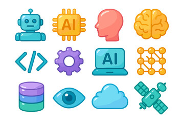 Wall Mural - Colorful icon set featuring technology and artificial intelligence elements