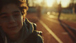© Frank Gärtner - Young boy with disability in a wheelchair, smiling confidently outdoors on a running track during warm sunset light