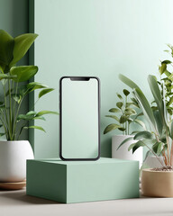 A phone is displayed on a green stand in front of a wall