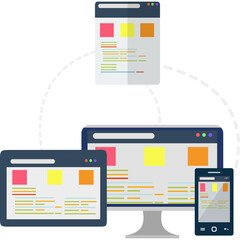 Various electronic devices displaying colorful web pages illustrating digital content and online information access across different screen sizes and platforms