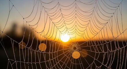 Sunrise Shining Through Dew Covered Spiderweb Threads