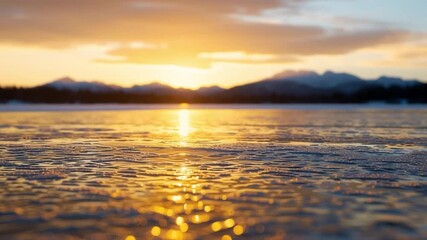 Wall Mural - Serene sunset over a frozen lake with mountains in the background, reflecting golden hues on the ice