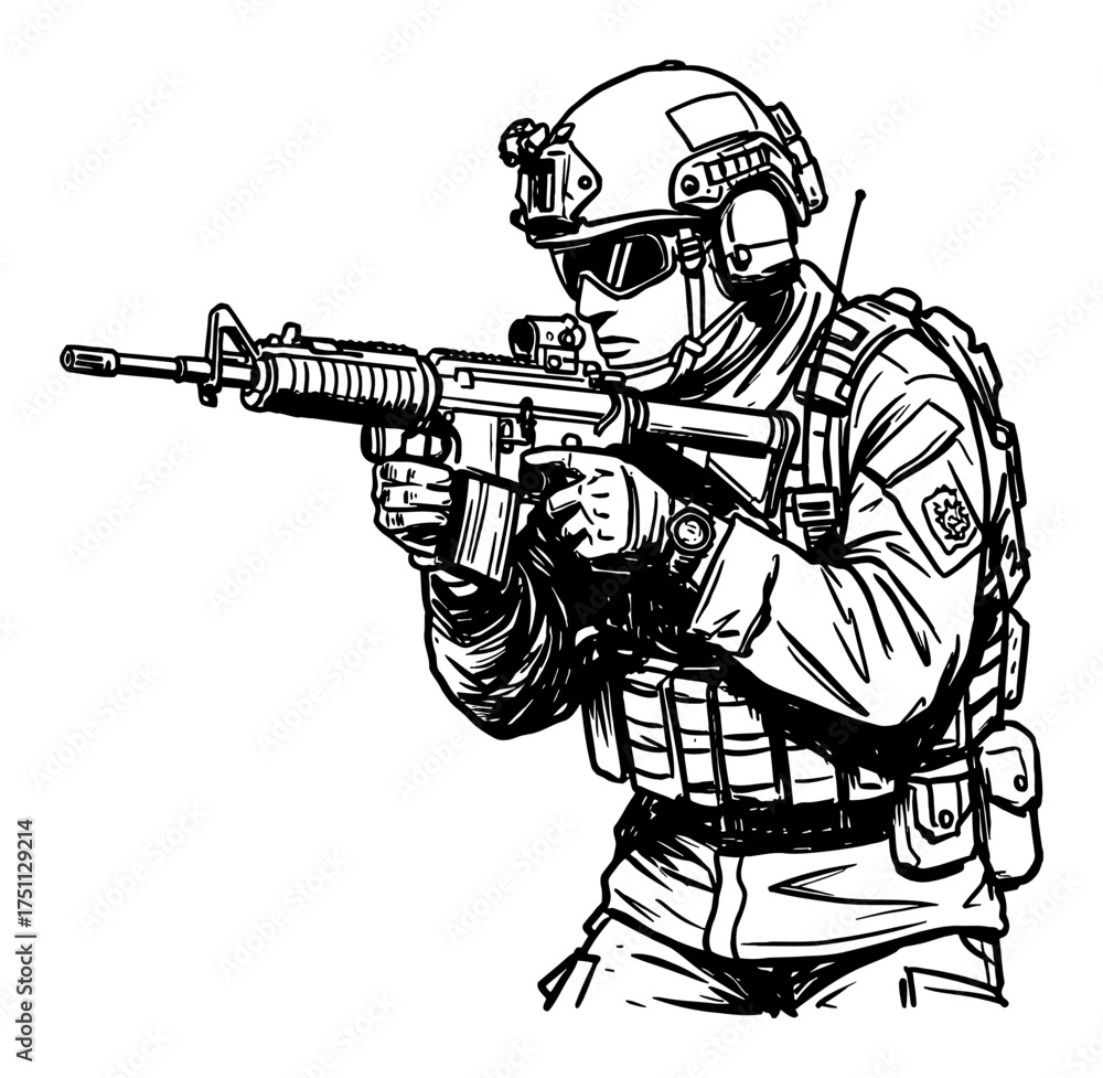 Soldier Ducking with Rifle Wearing Helmet Tactical Gear Black and White ...