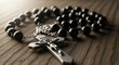© sobah - Detailed Rosary with Crucifix on Rustic Wood, Dramatic Lighting