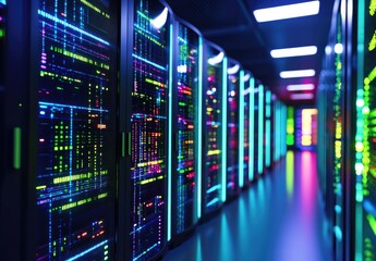 Wall Mural - Futuristic IT data center corridor with multicolor glowing server racks, representing AI cloud computing, digital network infrastructure, and advanced technology innovation systems