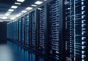 Wall Mural - Futuristic IT data center with glowing blue server racks and reflections on the floor, symbolizing AI cloud computing, network infrastructure, and advanced digital technology systems