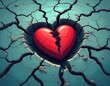 © Lubov - Red broken heart symbol rests in cracked dry earth ground. Symbolizes emotional pain suffering hardship loss despair and love gone bad. Concept art distress illustration.