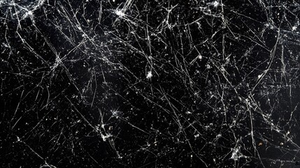 White spiderwebs and debris scattered across a dark, textured surface.