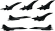 © Fahim Creative - Supersonic aircraft silhouette set, Concorde and military jets, high-speed aviation vector icons, aerodynamic flight design for aerospace illustration use