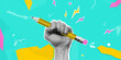 © ssstocker - Hand pencil collage. Fist hold pen, back school concept college 90s education university online study creative learning banner retro paper pop art design exact vector illustration original artwork