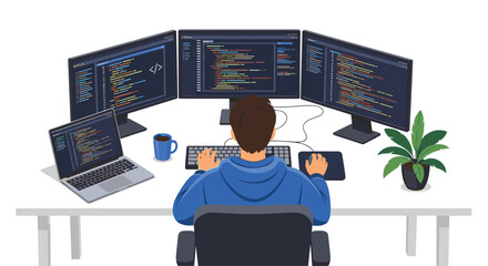 Software developer coding with three monitors and a laptop in his home office, creating digital solutions with modern technology and a focused mindset