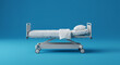 © Artistic Visions - Clean modern hospital bed with white linens and pillow against a vibrant blue background, ready for patient care and medical treatment.