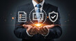 © Artistic Visions - Professional businessman presents verified achievement icons, symbolizing trust, compliance, and successful certification for corporate growth and security assurance.