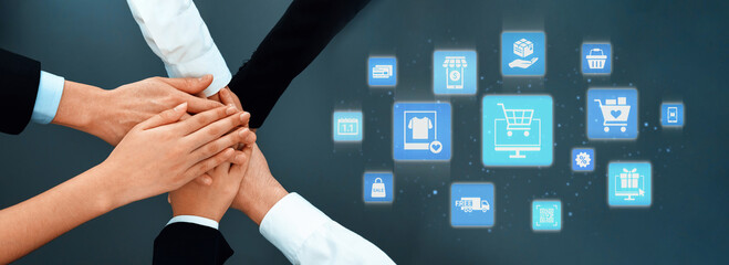 Wall Mural - Omni-channel marketing and online shopping strategies, cross-platform customer experience, brand unification, and integrated marketing communication across digital channels. Entice