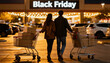 © gino - Couple walking together pushing shopping carts loaded with boxes toward a glowing Black Friday store entrance, symbolizing unity, excitement, and the shared joy of modern shopping experiences.