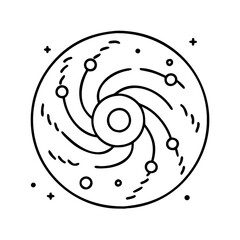 Wall Mural - Vector art of abstract representation of a swirling vortex or galaxy, with orbiting celestial bodies