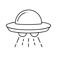 Wall Mural - Vector art of a simple, handdrawn line art illustration of a classic flying saucer ufo with lights beaming down, isolated on a, representing alien spacecraft and extraterrestrial themes