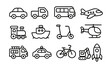 © Iryna - Outline icons of various transportation vehicles including car, truck, bus, plane, and more