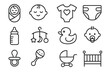 © Iryna - Baby essentials icons set: pacifier, bottle, stroller, and more