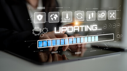 Wall Mural - Knowledge upgrade and software updates support digital skills growth, competitiveness, and continuous learning to stay current with new tech trends. Latch