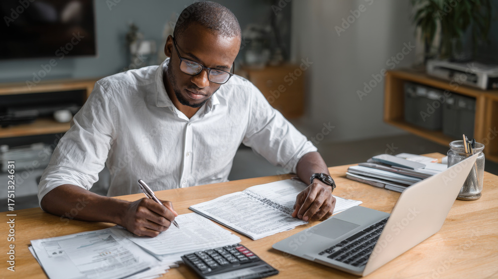 Work Intensely A focused young man working intensely on financial documents or taxes ...