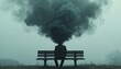 © Lubov - Man sits alone on park bench. Black smoke emerges from head symbolizing problems, stress and bad mental state. Person experiences burnout and emotional pain in life dark times.