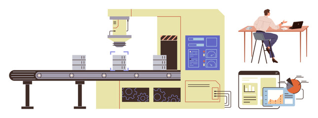 Wall Mural - Automated conveyor belt with robotic arm sorting objects, engineer at desk using laptop, illustrated digital charts. Ideal for technology, production, automation, industry 4.0, innovation