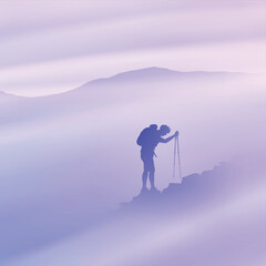 Sticker - Man on rocky mountain. Climbing with trekking poles. Silhouette in fog