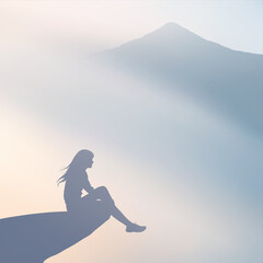 Poster - Woman sitting on cliff. Mountain hiking at morning. Silhouette in fog