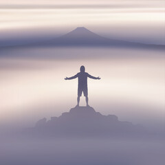 Sticker - Solo climbing. Man with outstretched arms on top of rocky mountain in fog