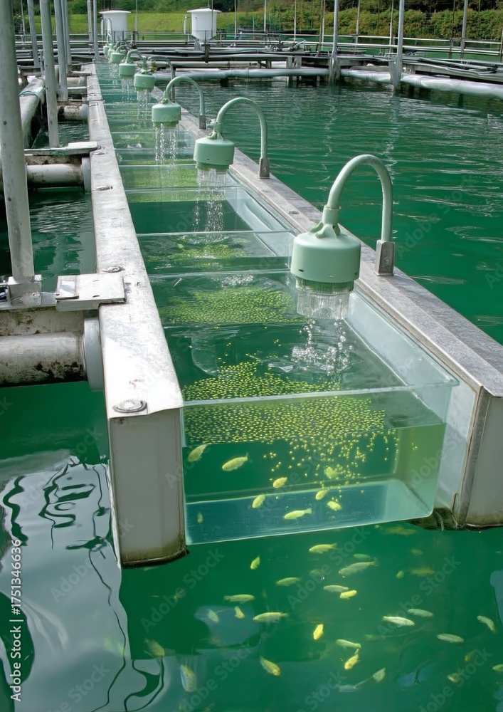 Modern aquaculture facility feeding juvenile fish in transparent tanks ...