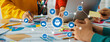 © InfiniteFlow - Startup company employee working together, analyzing BI dashboard paper on financial data report and planning strategic marketing for business success in panorama banner. Synergic Amity