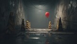 Red balloon in eerie restricted area, spooky 3D scene
