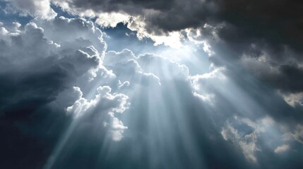 Wall Mural - Dramatic Sky with Sunlight Rays Streaming Through Dark Clouds Creating a Breathtaking Natural Atmosphere for Outdoor and Landscape Photography