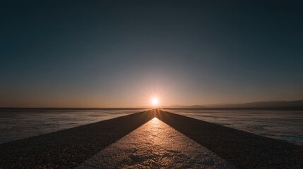 Wall Mural - Serene Sunset Over Open Road in Desert with Long Shadows and Vibrant Sky, Capturing the Essence of Freedom and Adventure in Nature's Beauty