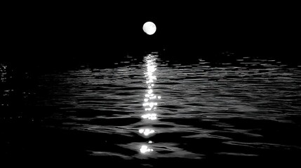 Wall Mural - Serene Black and White Sunset Reflection on Water with Moonlight and Gentle Waves Capturing Tranquility and Calmness in Nature's Splendor
