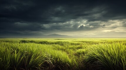 Wall Mural - Dramatic Cloudy Sky Over Lush Green Grassland with Rolling Hills in Background during Golden Hour Light at Sunset