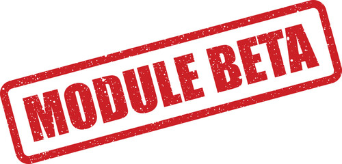 A bold red rectangular stamp featuring Module Beta with a distressed texture for software development
