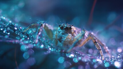 A spider covered in dew drops sits on a web, bathed in blue and purple light