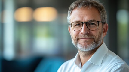 Mature man with glasses smiling in a bright office