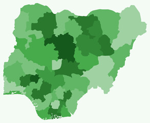  Map of Nigeria with regions. Just a simple country border map with region division. Green color palette. Blank Federal Republic of Nigeria shape with administrative division. Vector illustration.
