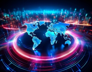 Wall Mural - Hints: Global connections, technology, digital world.

Visualizing global technology and data flow. A glowing world map surrounded by vibrant light trails, symbolizing interconnectedness and digital a