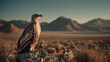 © SOFIA - A vulture perched on a rock overlooking an antelope in a vast desert under harsh sun.