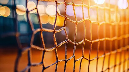 Close-up of a net with blurred lights in the background, warm and inviting.