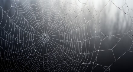 Detailed spiderweb covered with water droplets against a blurred gray background, concept for nature photography, science education and seasonal wallpapers.
