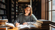 © Rishi - A young woman is studying in a library, surrounded by books, writing in a notebook, and enjoying the sunlight streaming through the window, creating a cozy atmosphere